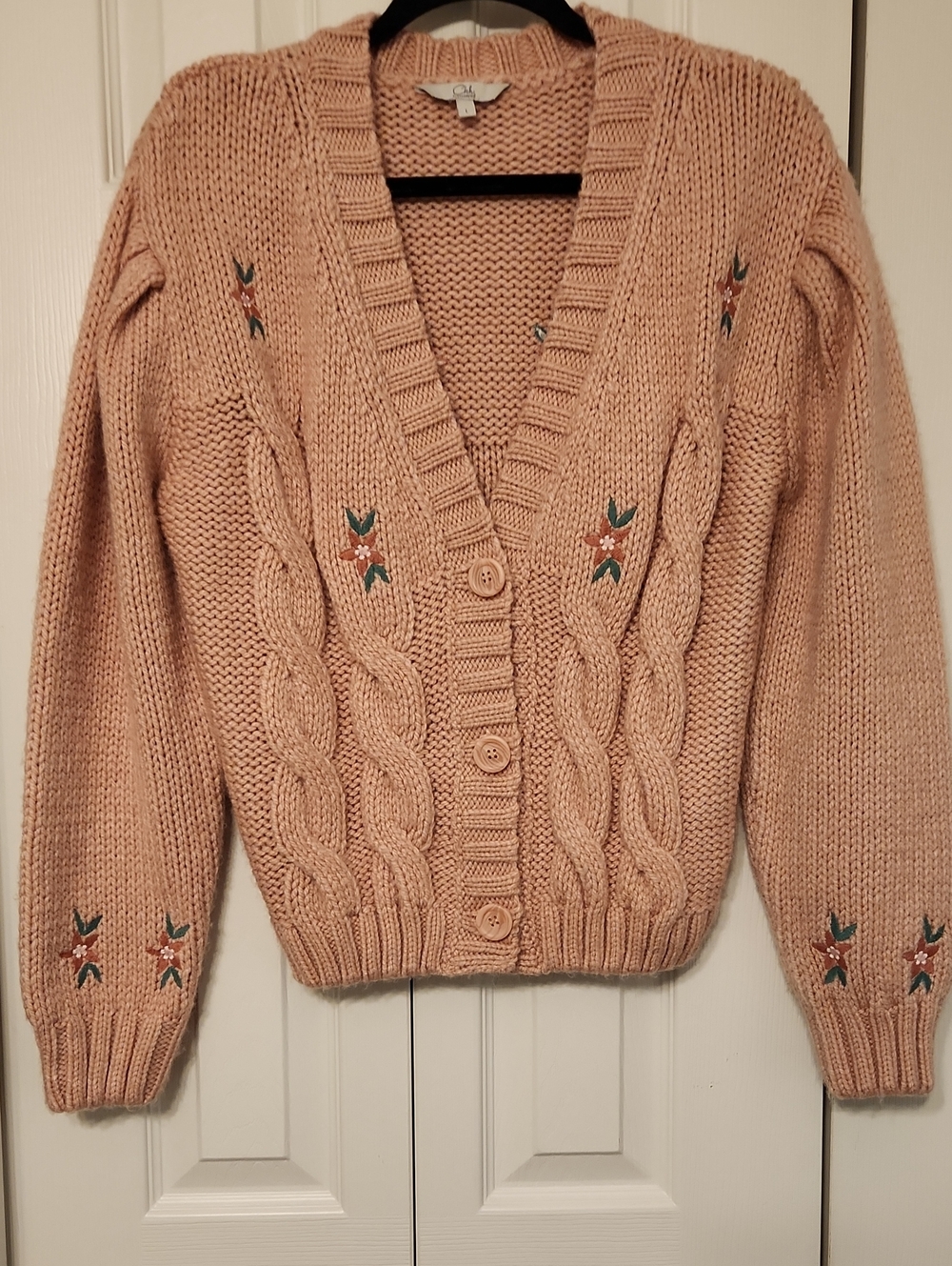 Ckh Clockhouse Chunky Cable Knit Pink Embroidered Floral Sweater Cardigan